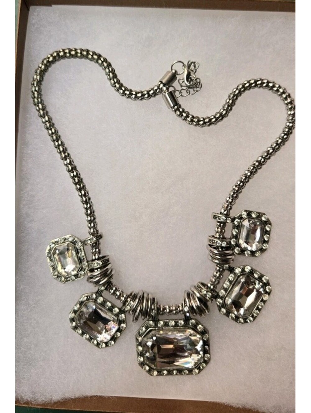 Silvertone Chain Rope Jewel Rhinestones Necklace 18" Lobster Clasp